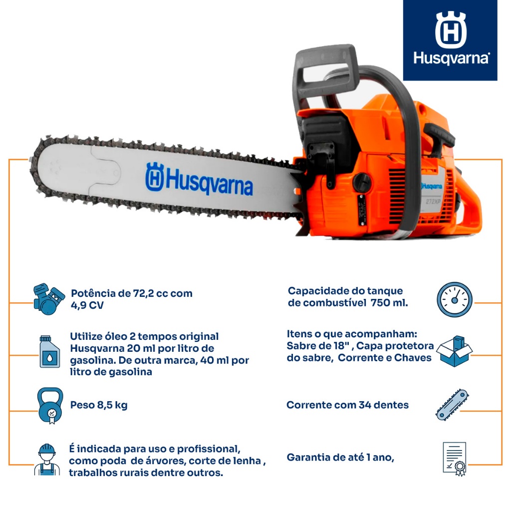 Motosserra Husqvarna 272 Xp a Gasolina Sabre 18 Pol 72cc 4.9 hp