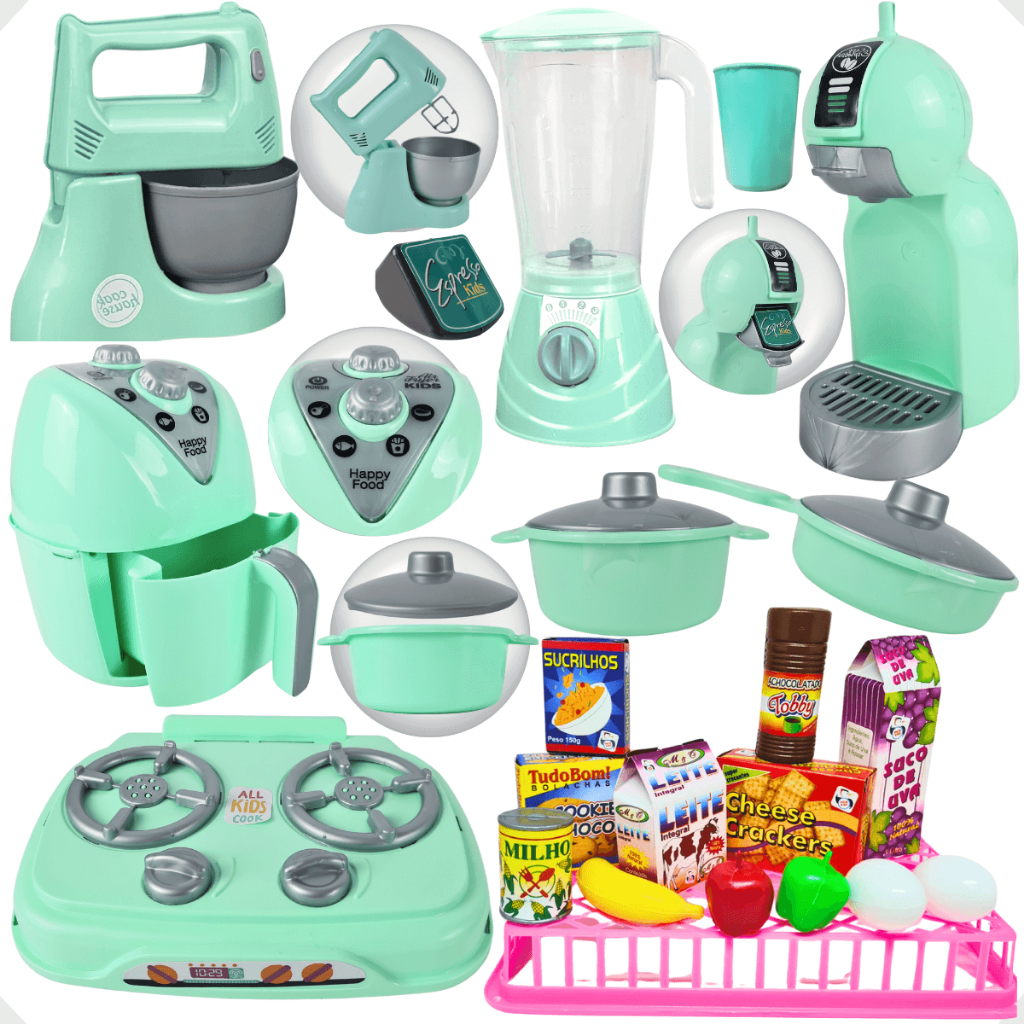 Kit Cozinha Infantil 22pcs Brinquedo Eletrodomésticos Verde Comidinhas ...