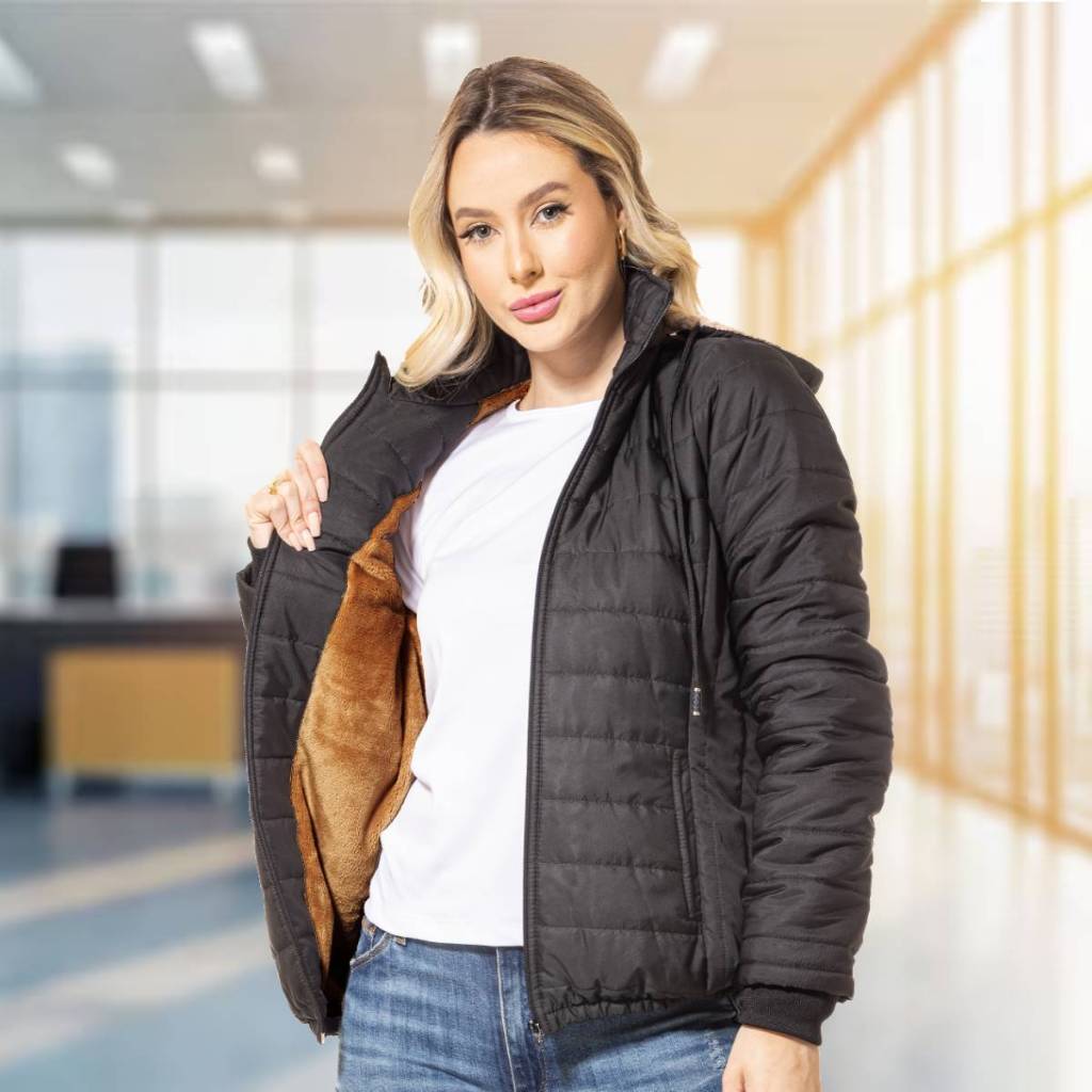 Jaqueta Feminina Forrada Com Pelucia Fleece Capuz Quentinha Puffer Bobojaco  Nylon Matelado Acolchoad