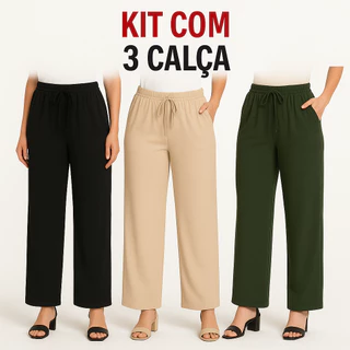 Kit 3 Calças Pantalonas Femininas Cintura Alta Tecido Duna Elegante