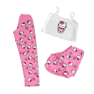 CONJUNTO PIJAMA 3 PEÇAS CALÇA SHORT E CROPPED PERSONAGENS PINK em Oferta na Shopee