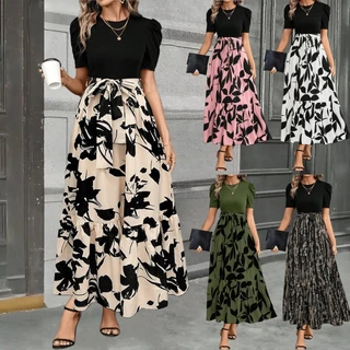 Vestido Longo Floral Com Bloco De Cores Damasco E Cinto Estampado Decote Redondo Para Mulheres em Oferta na Shopee