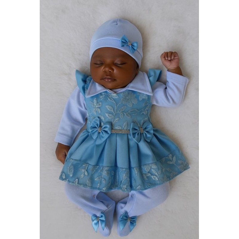 Saida de Maternidade Menina Luxo Azul com Renda Bordada/Manta Branca