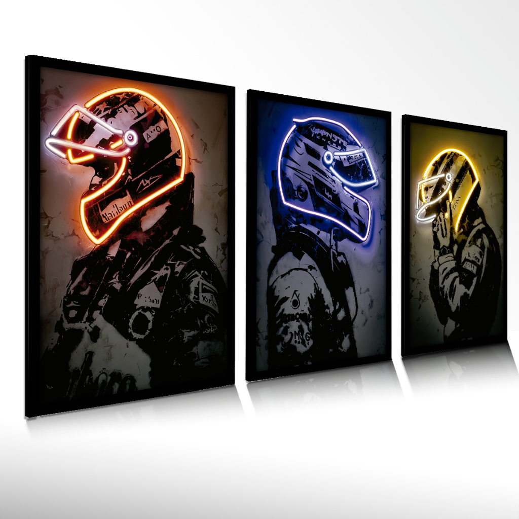 Quadro Decorativo Neon F1 Racing Capacetes Sala Quarto Escritorio