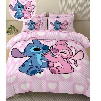 EDREDOM QUEEN INFANTIL 3 PEÇAS COM FRONHAS PERSONAGENS AZUL E ROSA