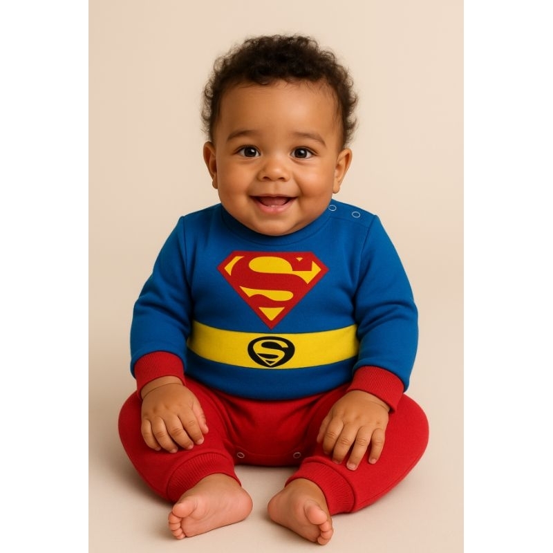 MACACÃO SUPER MAN PARA BEBÊ FANTASIA MENINO PERSONAGEM ALGODÃO
