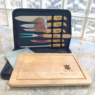 Kit Churrasco Personalizado 8 Peças com Maleta | Facas Inox Cabo Bambu + Tábua | Presente Masculino