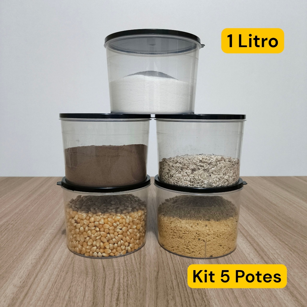Kit 5 Potes Plásticos Transparentes 1 Litro para cozinha | Shopee Brasil