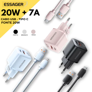 KIT ESSAGER Carregador Turbo GaN 20W Com Duas entradas, Tipo C e USB + Cabo USB para Tipo C