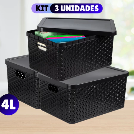 Kit Com 3 Cesto Caixa Organizadora Rattan Com Tampa 4 Litros Preto