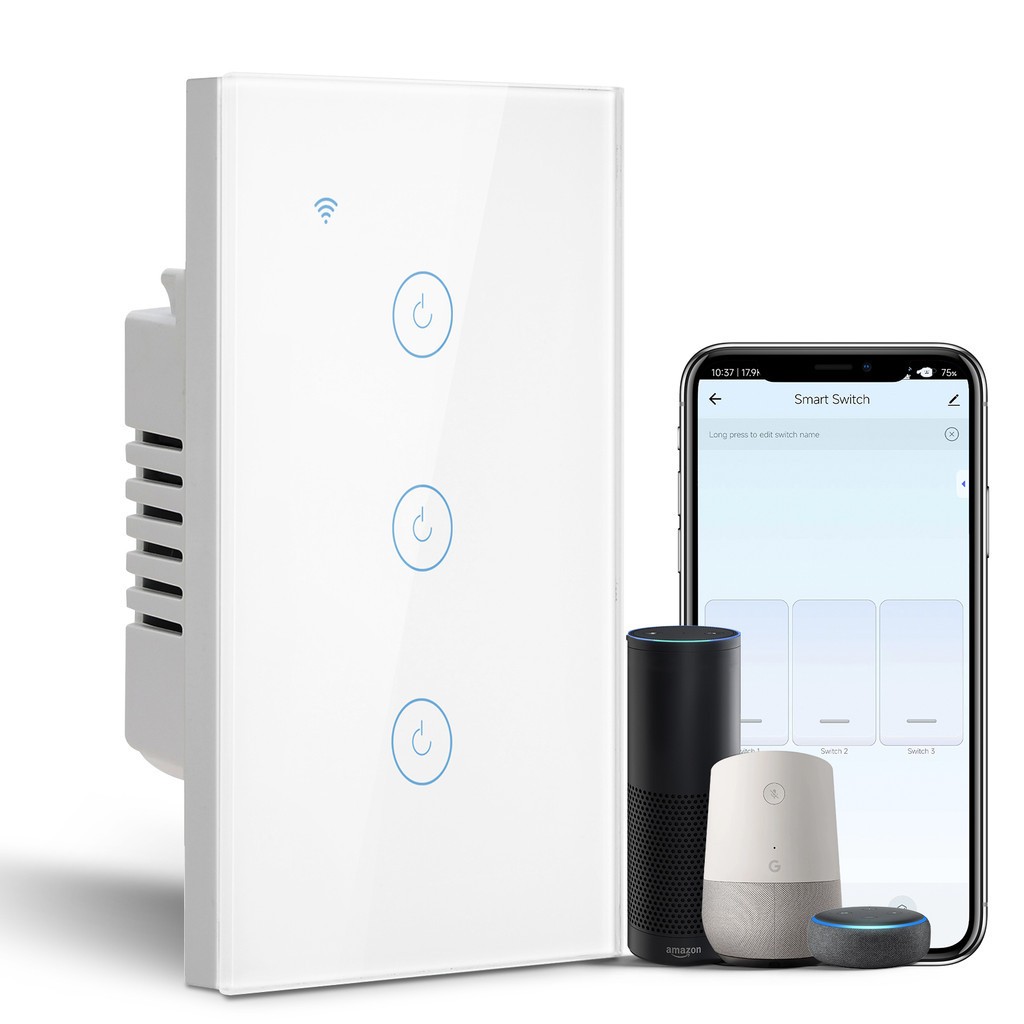 Interruptor Inteligente Tomada 3 Botao WiFi Touch Tuya Alexa Google Smart Life