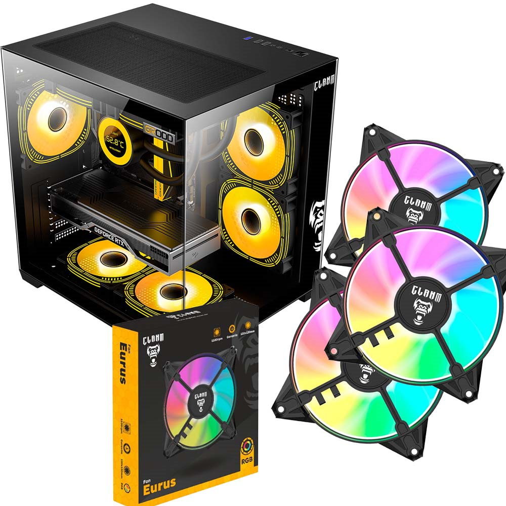 GABINETE GAMER NIGHT GRODD LATERAL DE VIDRO AQUÁRIO CLANM + COOLER FAN EURUS ARGB 4PIN CLANM