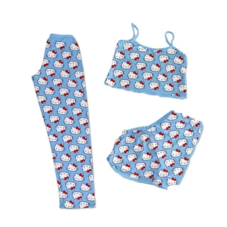CONJUNTO PIJAMA 3 PEÇAS CALÇA SHORTS E CROPPED PERSONAGENS AZUL em Oferta na Shopee