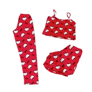 CONJUNTO PIJAMA 3 PEÇAS CALÇA SHORTS E CROPPED PERSONAGENS VERMELHO em Oferta na Shopee