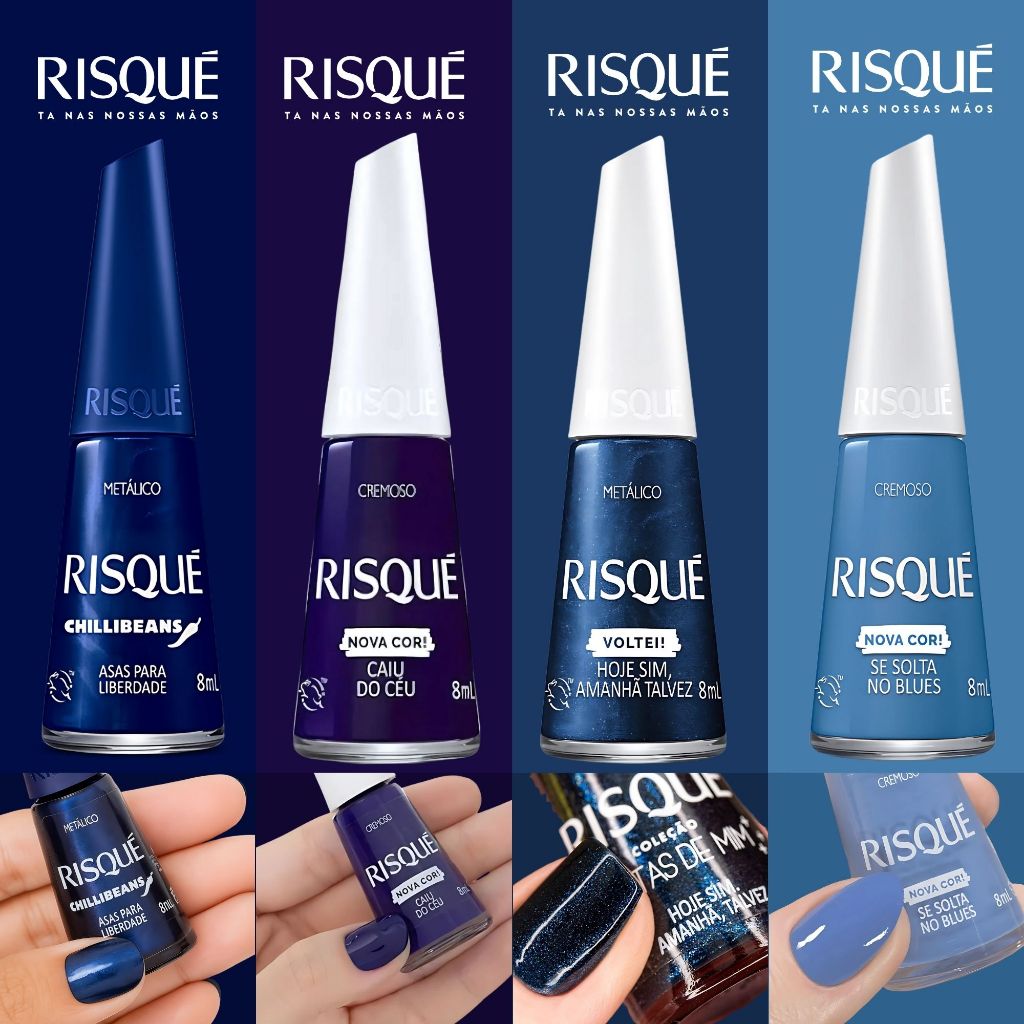 Kit 4 Esmalte Risqué Tons Azul Cremoso Metálico Nova Coleção Risqué ...