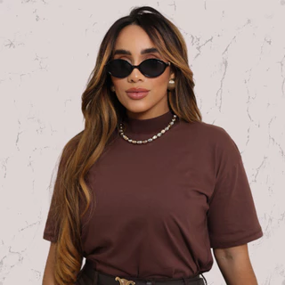 Blusa Feminina Camisetas T-shirt Marrom Algodão Gola Alta Premium