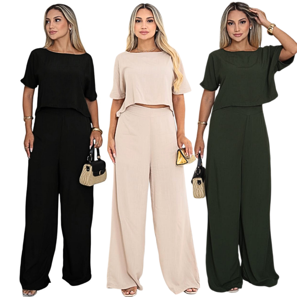 Conjunto Social Feminino Calça e Blusa Em Visco Linho Casual Festa ...