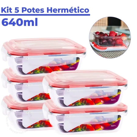 Kit pote de vidro hermético  retangular 640 ml 3/5 unid marmita microondas