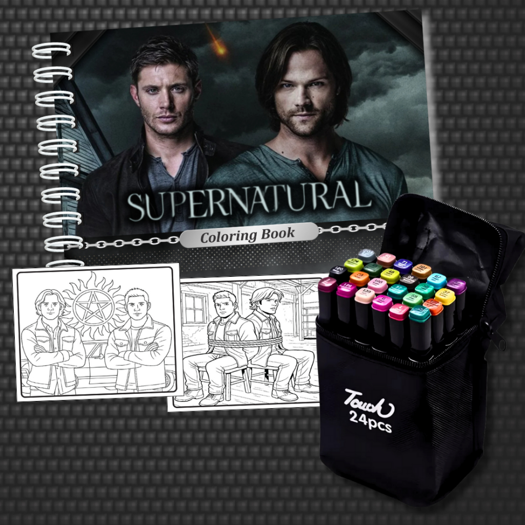 Livro para Colorir SUPERNATURAL 50 Folhas A5 180g Capa Dura 24 Canetas ...