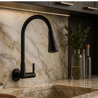 Torneira De Cozinha FLEXÍVEL PRETO FOSCO De Parede Luxuosa Design Lavatório Resistente