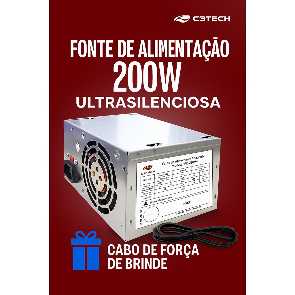Fonte C3TECH 200W PS-200V4 | Silenciosa + Cabo de Força Grátis | PC Desktop ATX