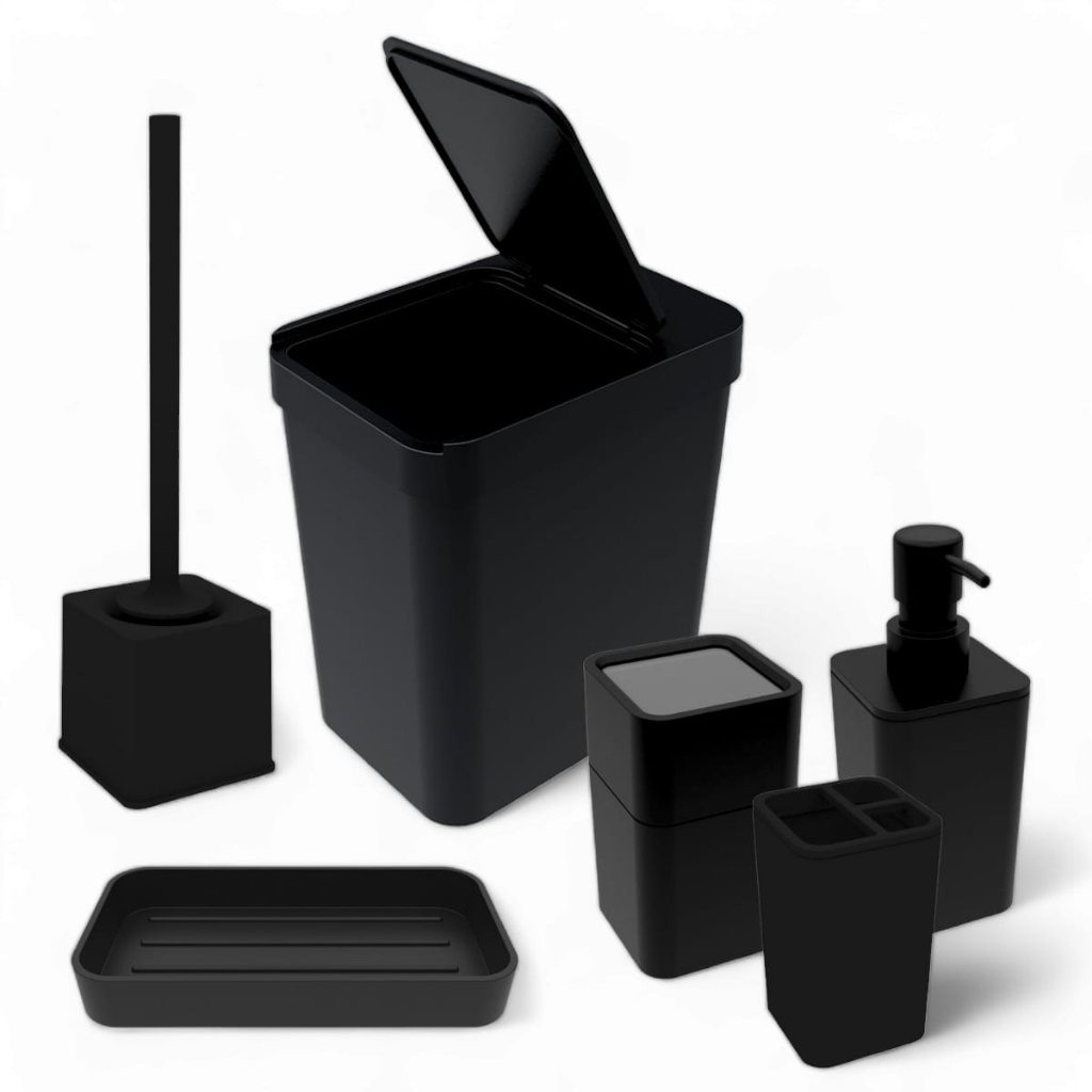 Acessórios Banheiro Lavabo Preto Lixeira Porta Sabonete Escova Cotonete Escova Sanitária Conjunto