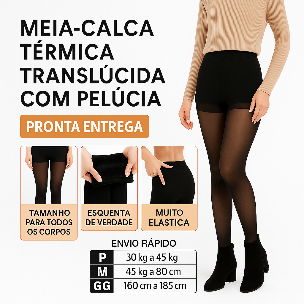 Meia-Calça Térmica Forrada Peluciada Translúcida De Lã Quente Feminina ...