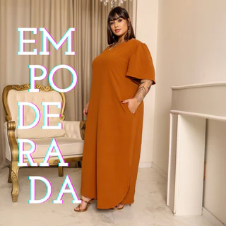 Vestido Longo Plus Size Feminino Manga Curta Largo Tendência Curve Soltinho Lia Rosa em Oferta na Shopee
