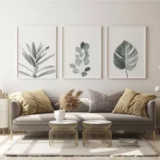 Quadro Parede Decorativo Folhas Verdes Boho Minimalista Quarto Sala MDF 3 Peças 40x60 Sala Moderna