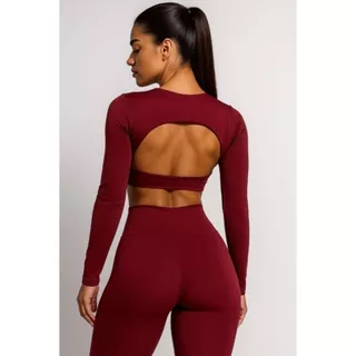 Conjunto Academia Top Manga Longa Cropped Costa Aberta + Calça Legging Colada Roupa de Academia Treino Inverno