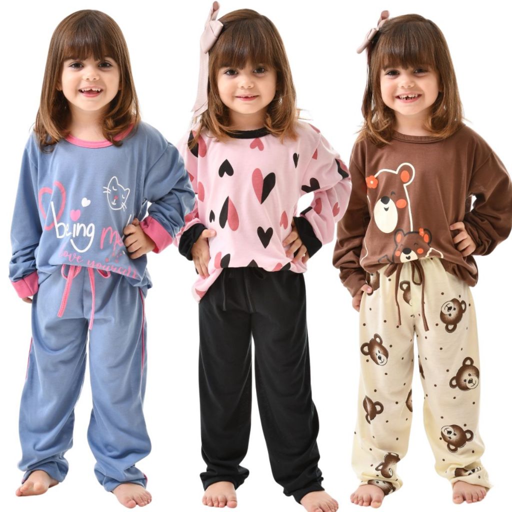 Pijama Estampado Feminino Infantil Raquel / Pijama de Inverno / Pijama Longo / Pijama de Menina em Oferta na Shopee