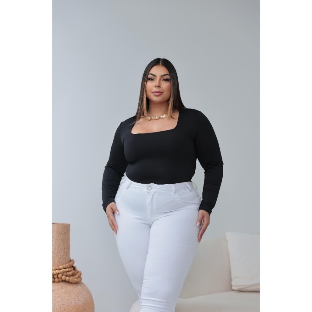 Body Plus Size Feminino Manga Longa Decote Quadrado | Roupa Moderna ...