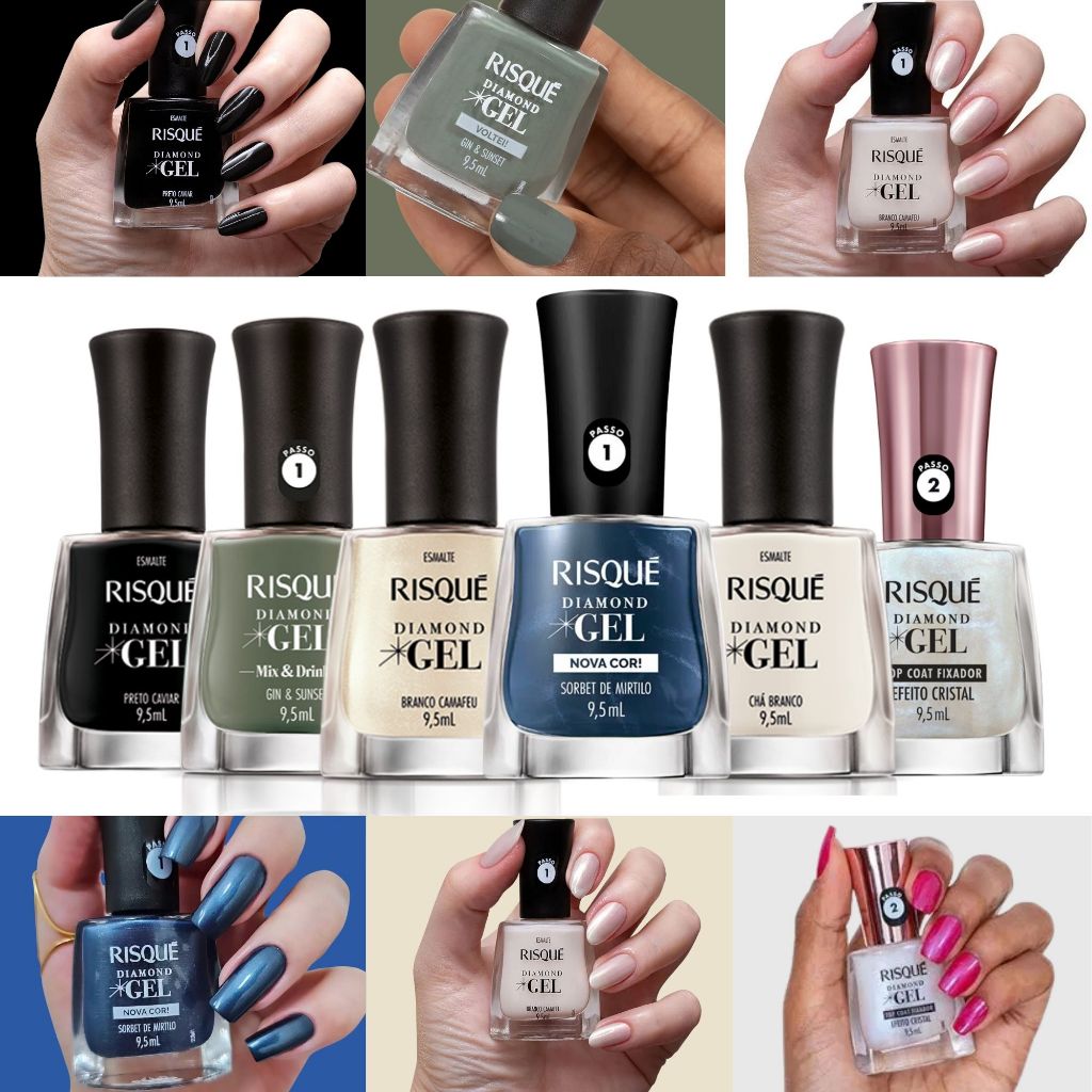 Kit 6 Esmalte Gel Risqué Azul Verde Branco Efeito Gel Top Coat Risqué ...