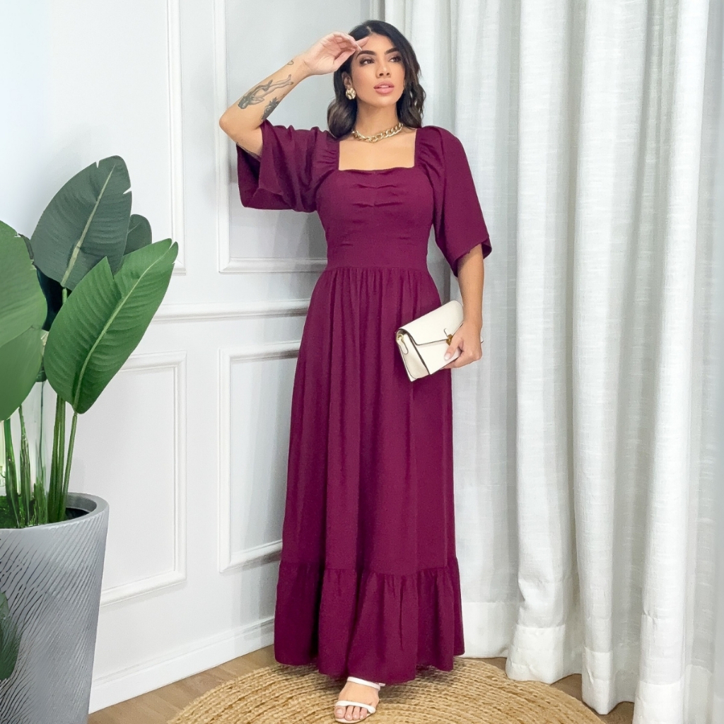 Vestido Longo Manga 3/4 Moda Evangélico Elegante Premium | Shopee Brasil