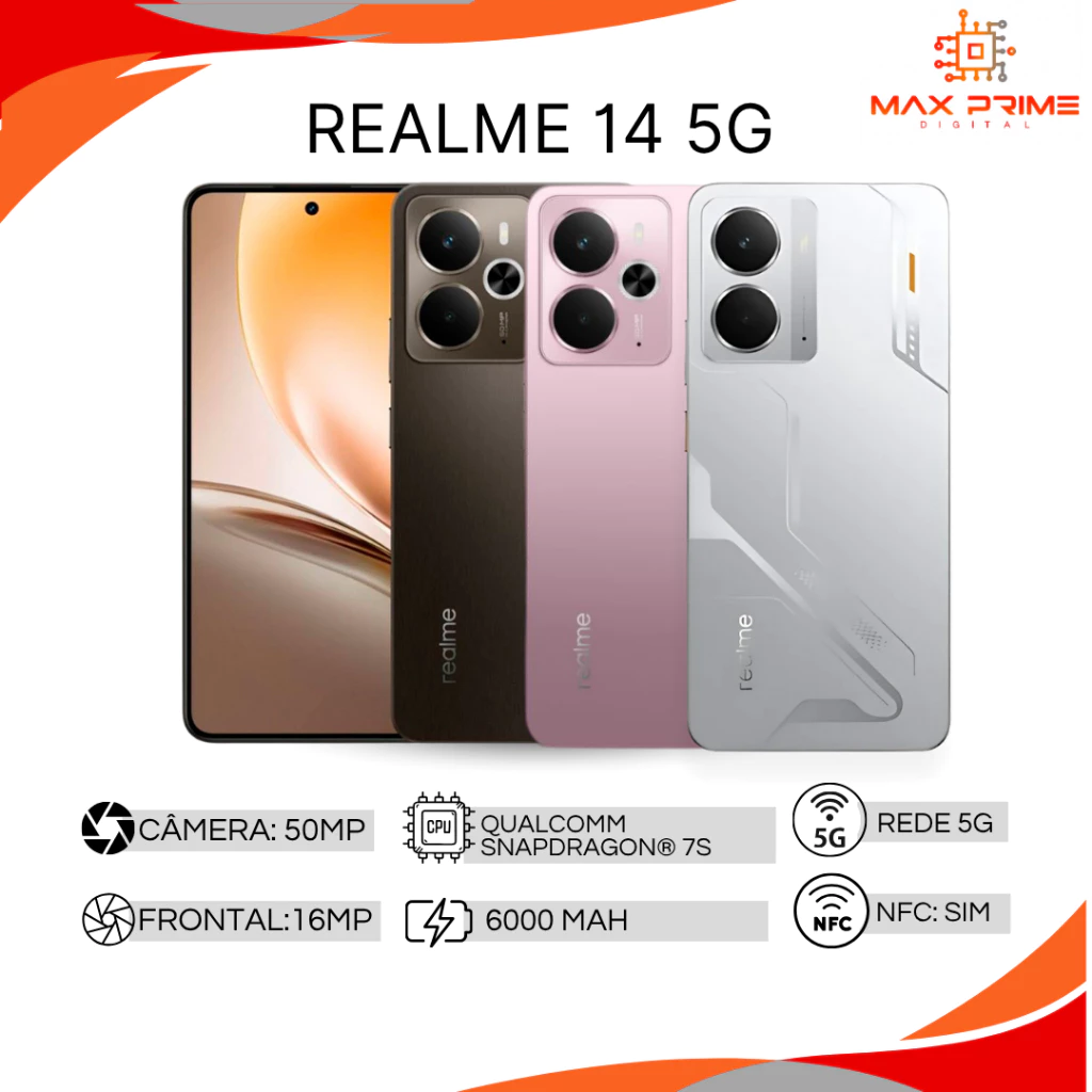 realme 14 5G 256/8GB RAM, 256/12GB RAM, 512/12GB RAM Snapdragon 6 Gen 4, Bateria 6000mAh, Câmera 50MP, Versão Global.<br>
