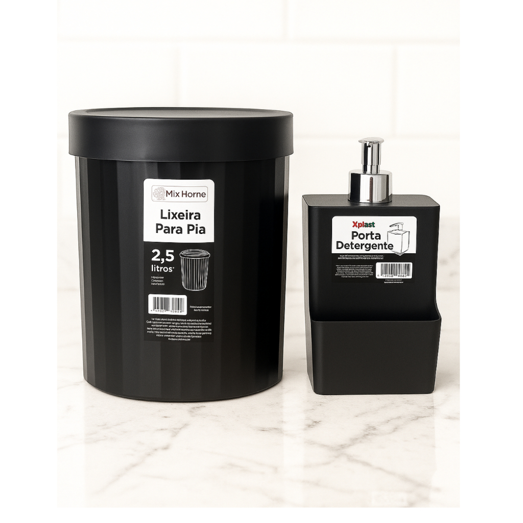 Kit Lixeira Para Pia de 2.5L Dispenser Detergente 500ML Com Porta Buchas Kit Organização De Cozinha