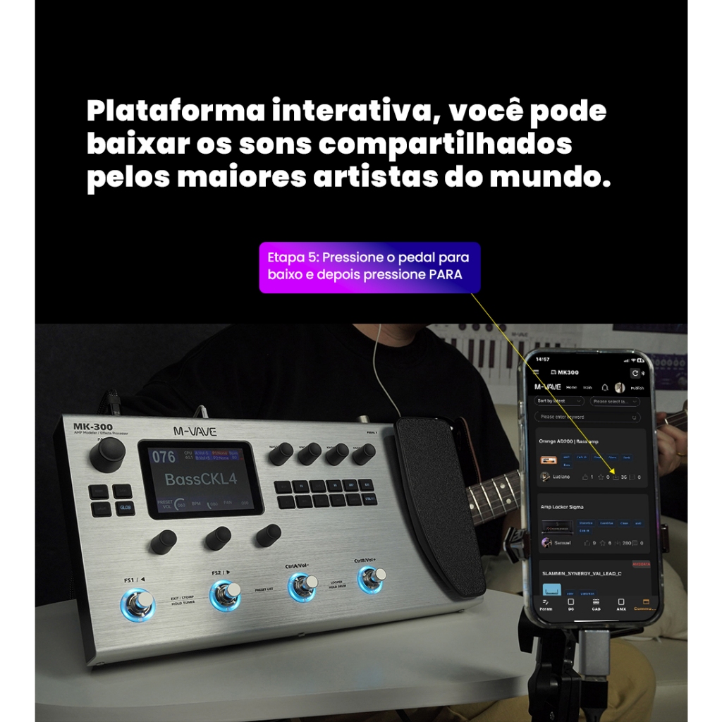 Guitarra eléctrica M-VAVE MK300 com vários pedais de efeitos