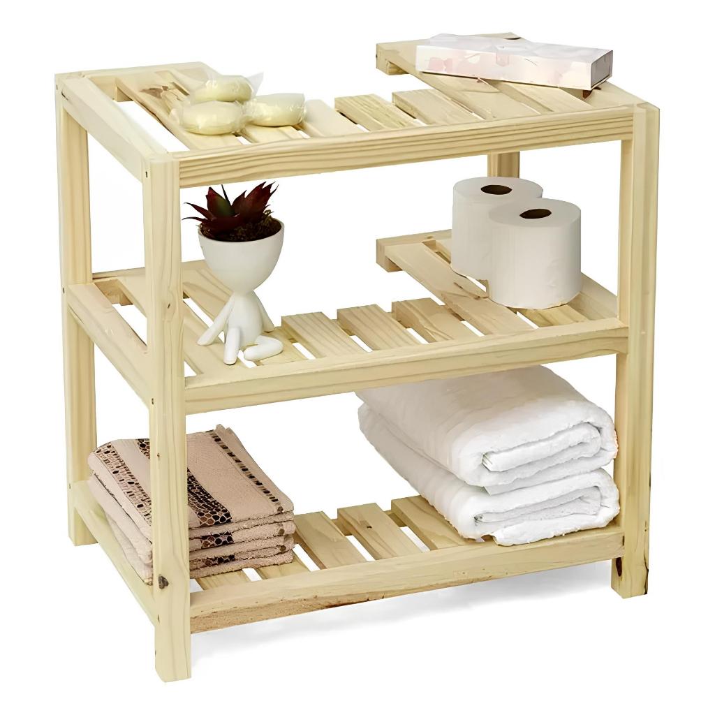 Estante de Banheiro com 3 Prateleiras de Madeira Pinus - Organize Seu ...