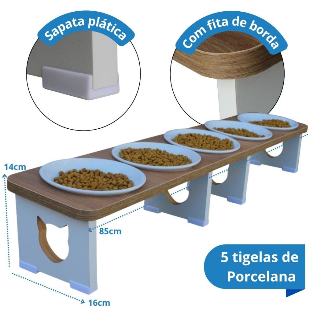 Comedouro Bebedouro Quintuplo Múltiplo Pet com 5 Tigelas Porcelana – MDF Elevado para Gato