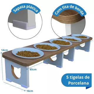 Comedouro Bebedouro Quintuplo Múltiplo Pet com 5 Tigelas Porcelana – MDF Elevado para Gato