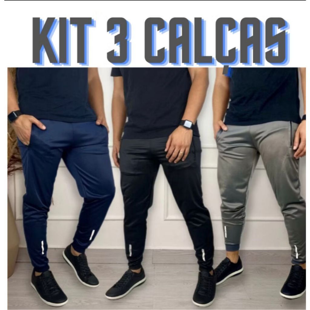 KIT 3 CALÇAS JOGGER MASCULINAS ESPORTIVA COM SIMBOLO REFLETIVO QUE BRILHA NO FLASH- | Shopee Brasil