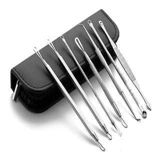 Kit 7 Curetas Extrator Removedor Cravos Espinhas Acne Aço Inoxidável Com Estojo Limpeza de Pele