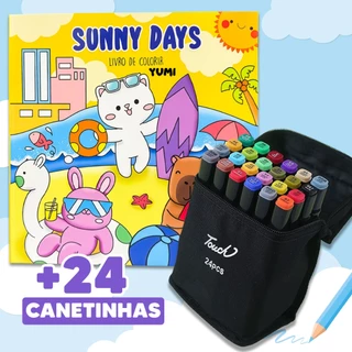 Kit Livro De Colorir Sunny Days Goods - Dias Quentes + Canetinhas Canetas Touch Coloridas Ponta Dupla em Oferta na Shopee