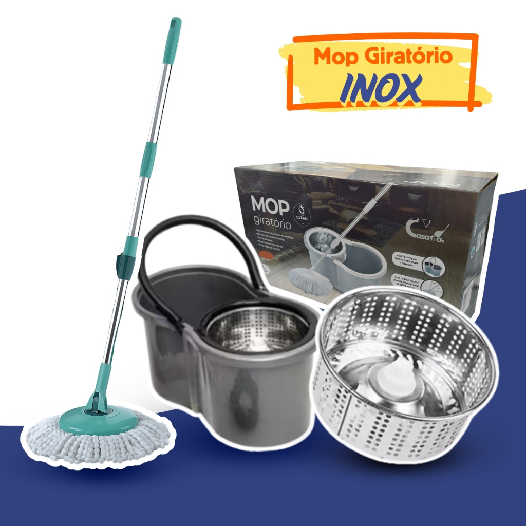 Mop Com Centrifuga Inox e Cabo em Inox Com Refil de Microfibra 9 Litros ...