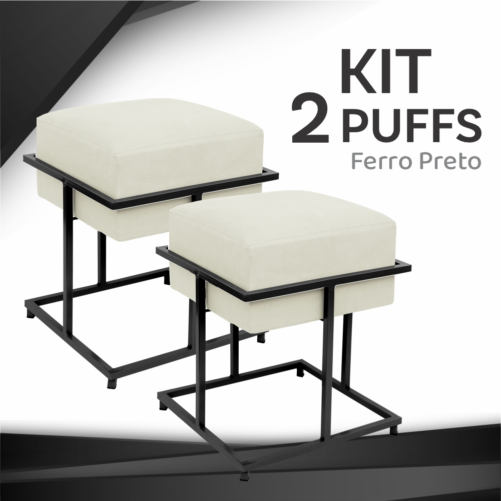 2 Puff quadrado modelo reto, ferro preto, confortável para sentar ou ...