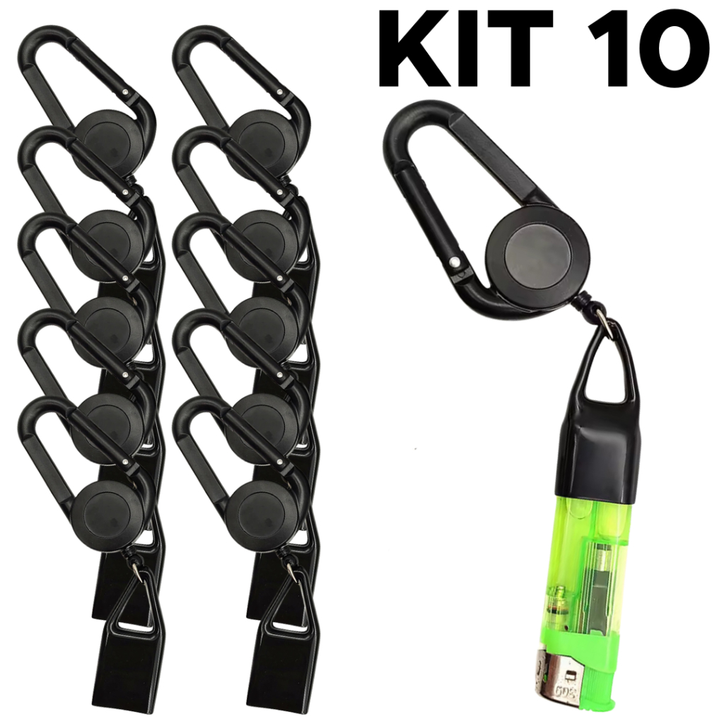 Kit 10 Chaveiro mosquetão Porta Isqueiro Retrátil Anti Rato para isqueiros Bic e similares