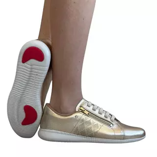 Tênis feminino Usaflex af0602 couro macio zíper elástico ouro dourado em Oferta na Shopee