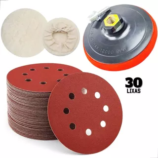 Kit 30 Discos Lixas para Lixadeiras Roto Orbital 125mm + Suporte Furadeira/Esmerilhadeira + Boina