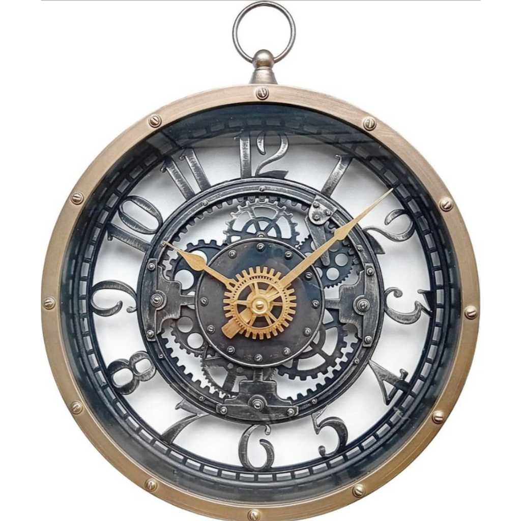 Relógio De Parede Analógico Retro Dourado Com Maquinário Exposto Stil Decor