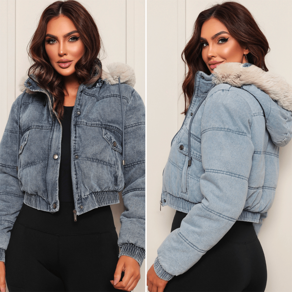 Bobojaco Jeans Cropped Capuz Acolchoada Puffer Peluciada Inverno Corta ...